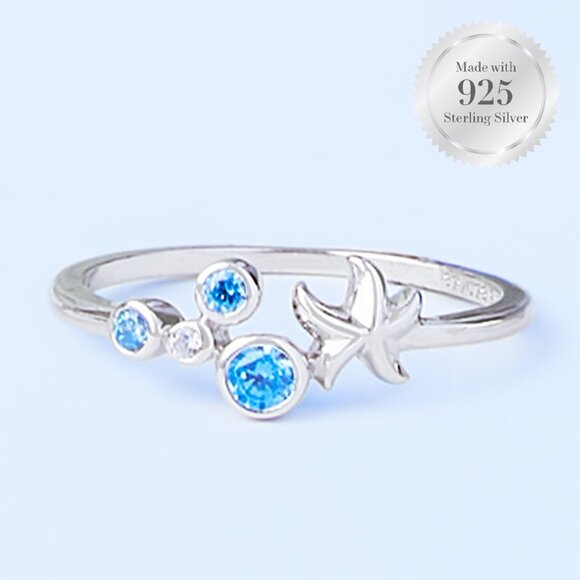 Starfish Ring with Blue Aquamarine Gemstones, Charmed Aroma Mermaid 925 Sterling - Picture 4 of 4